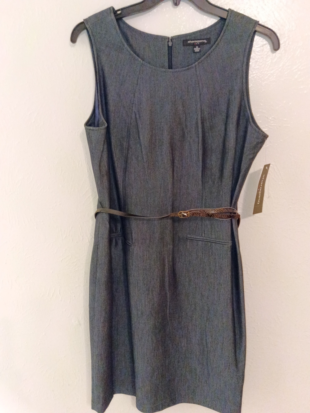 Anne Klein Sleeveless Sheath Dress in Heather Gray with Brown Belt